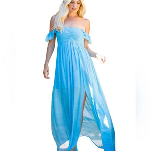070. Women’s Aqua Smocked Ruffle On/Off Sleeve Maxi Dress